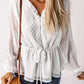 Swiss Dot Buttoned Drawstring Peplum Blouse