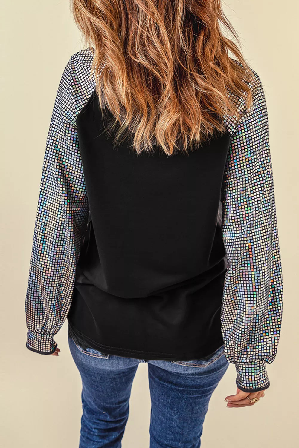 Color Block V Neck Puff Long Sleeve Blouse