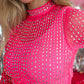 Pink Rhinestones Sheer Long Sleeve Crop Top