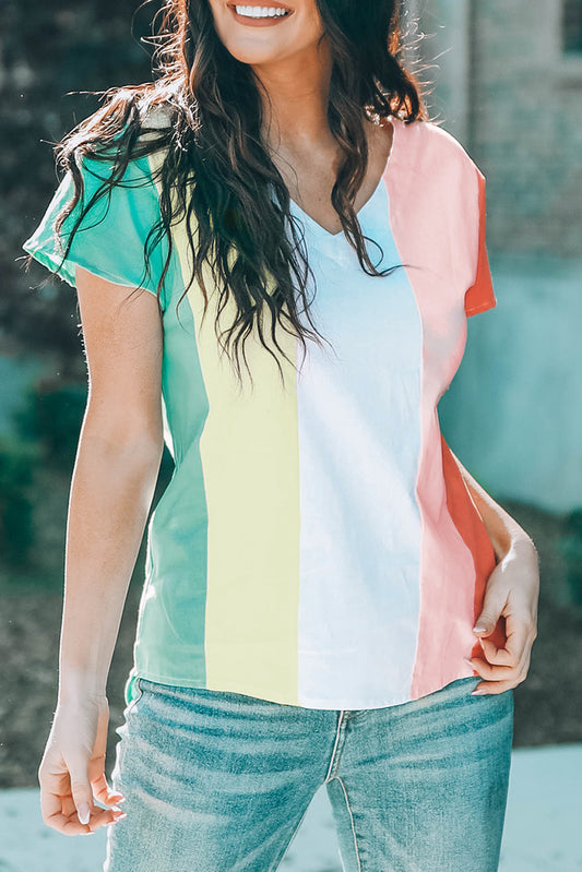 Green Colorblock V Neck Short Sleeve Top