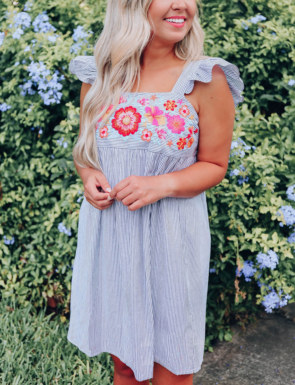 Sky Blue Floral Embroidered Striped Ruffled Sleeveless Mini Dress