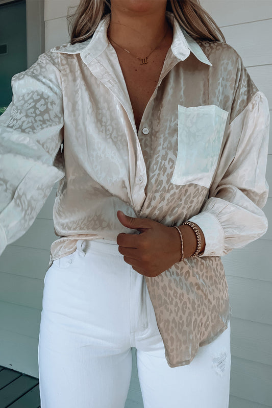 Colorblock Leopard Satin Shirt with Pocket