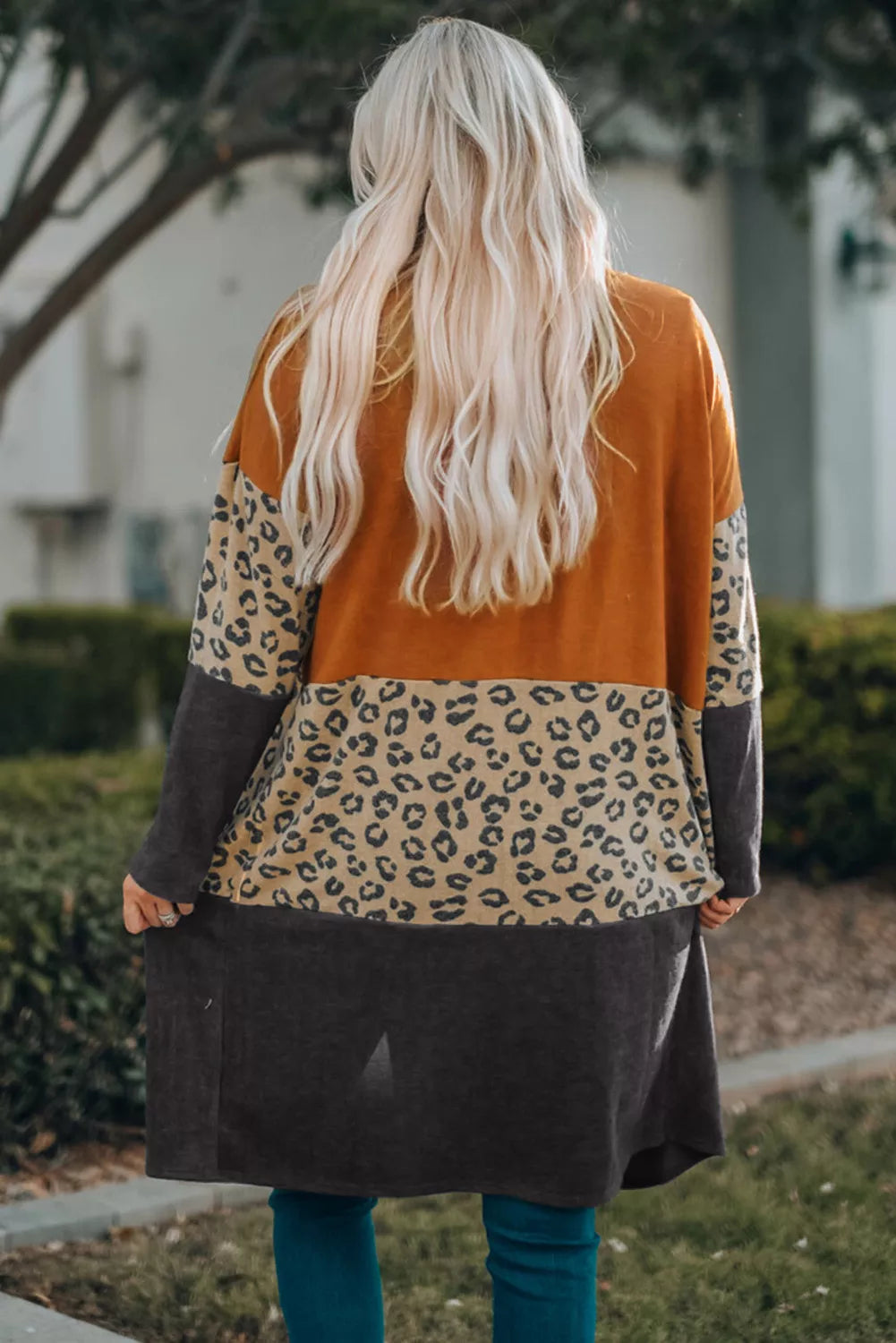 Orange Colorblock Leopard Print Patchwork Knit Cardigan