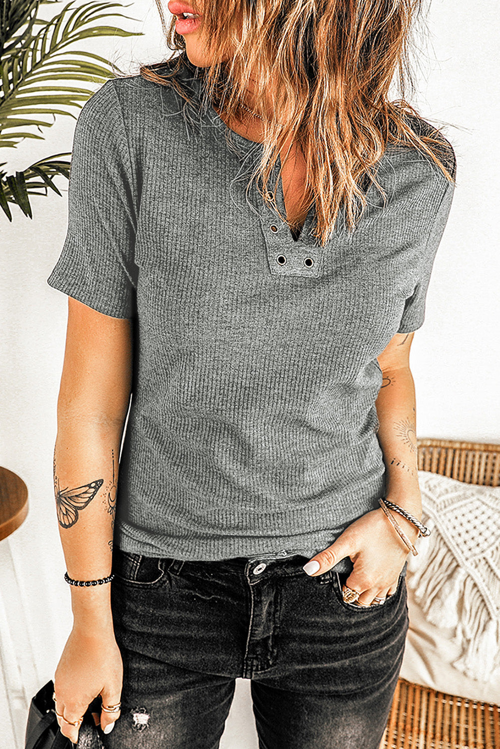 Gray Black Ribbed Knit V Neck Short Sleeve Top