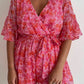 Pink V Neck Ruffled Sleeve Floral Romper