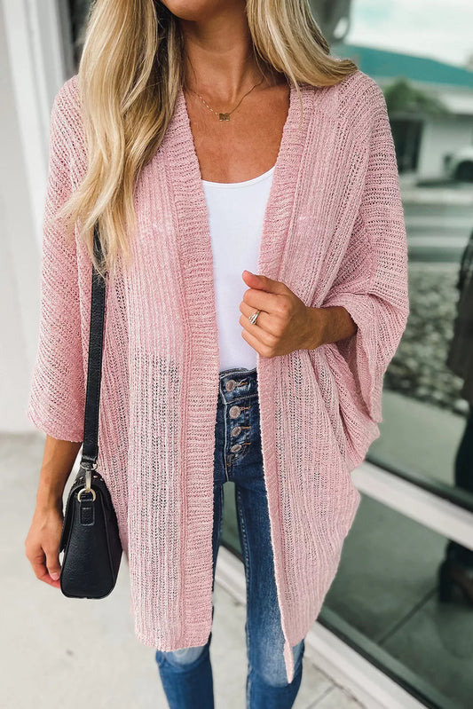 Pink Solid Color Knit Open Front Cardigan