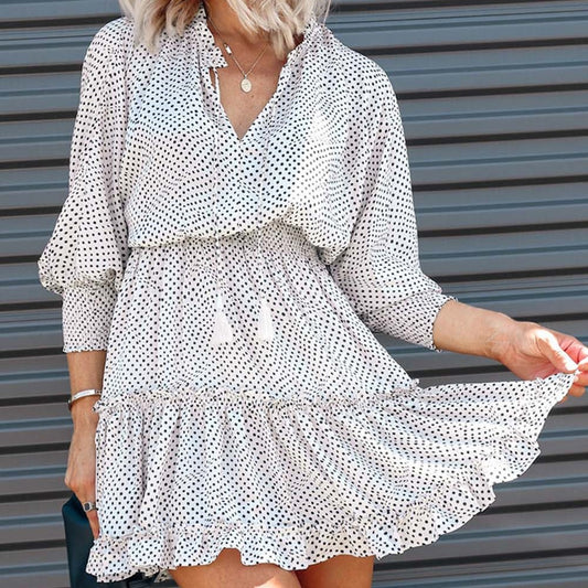 Polka Dot Fringed Tie V-neck Ruffle Dress