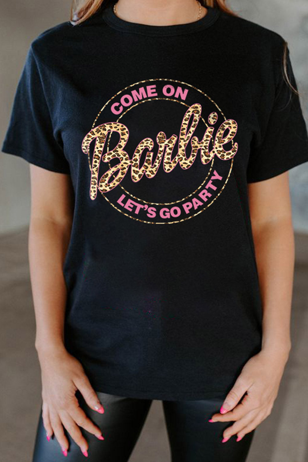 Black Come On Barbie Leopard Graphic T Shirt