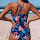 Black Floral Print Mesh Patchwork Criss Cross One-piece Swimsuit