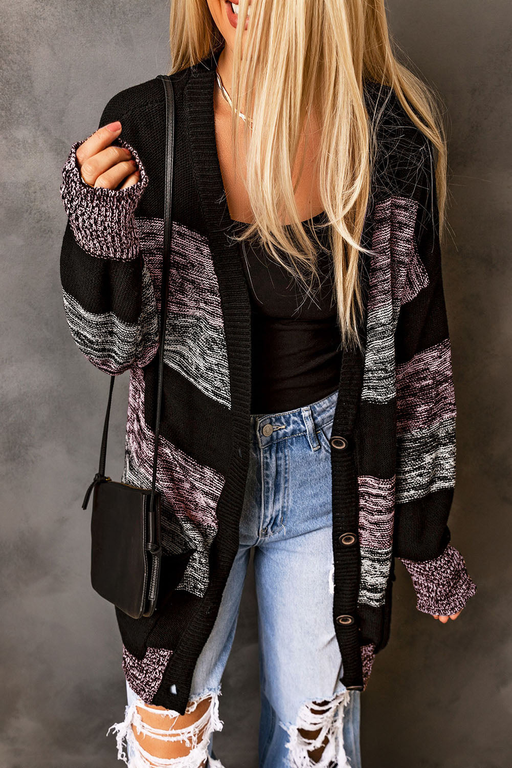 V Neck Buttons Front Colorblock Cardigan with Pockets