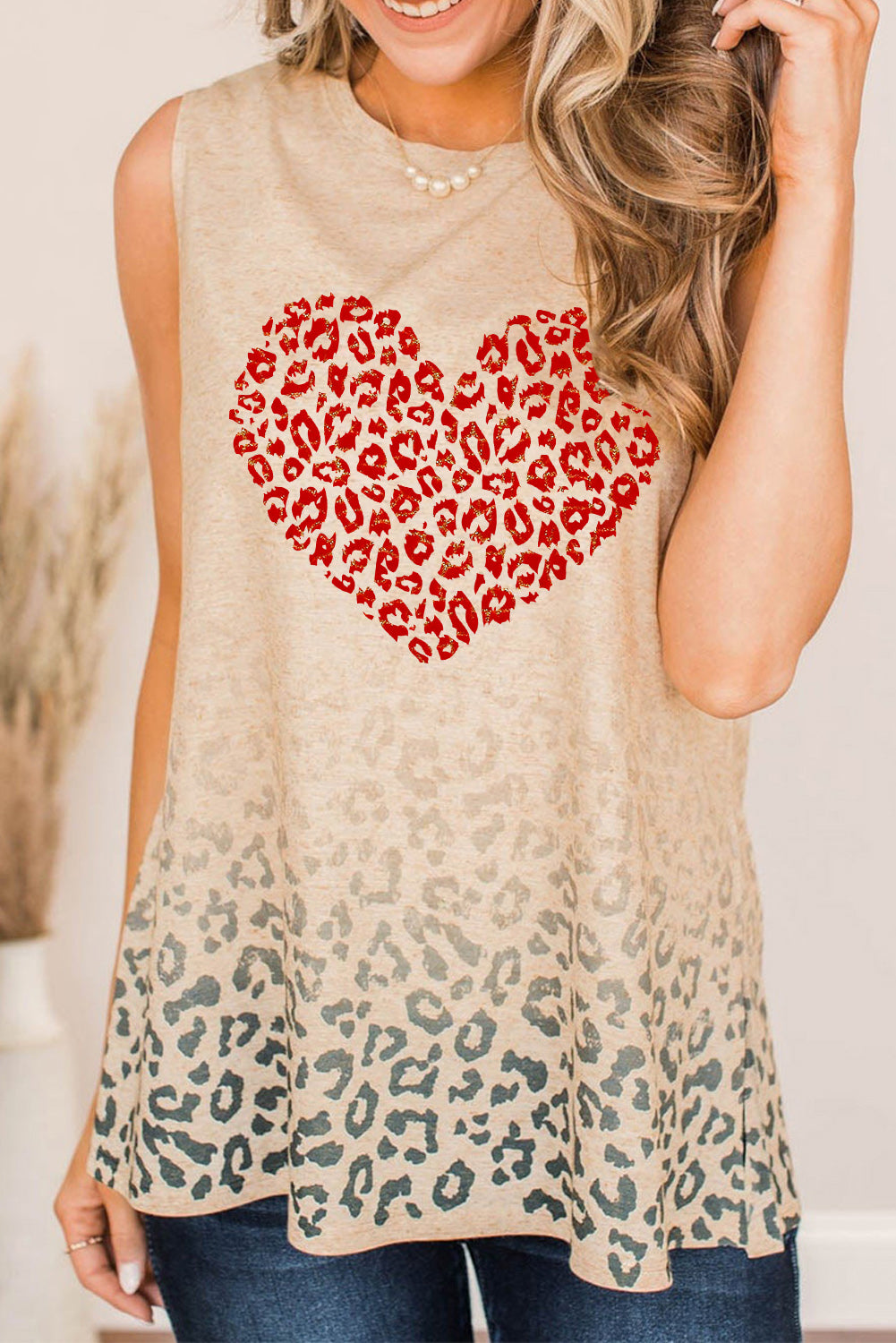 Apricot Valentines Heart Pattern Leopard Print Tank Top