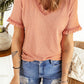 Pink Solid Textured Frill Short Sleeve V Neck T-shirt