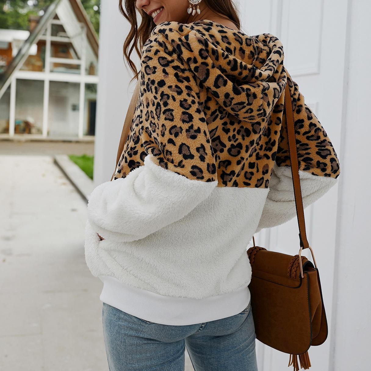 Winter leopard print patchwork hooded sweatshirt