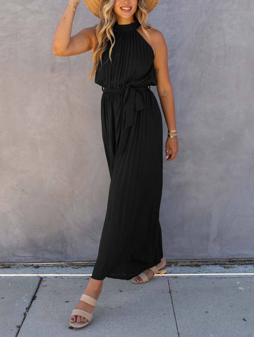 Black Halter Neck Pleated Wide Leg Jumpsuit with Belt