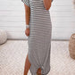 Striped Print Side Split Short Sleeve V Neck Maxi Dress