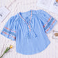 Tassel Drawstring Embroidered Half Sleeve V Neck Top