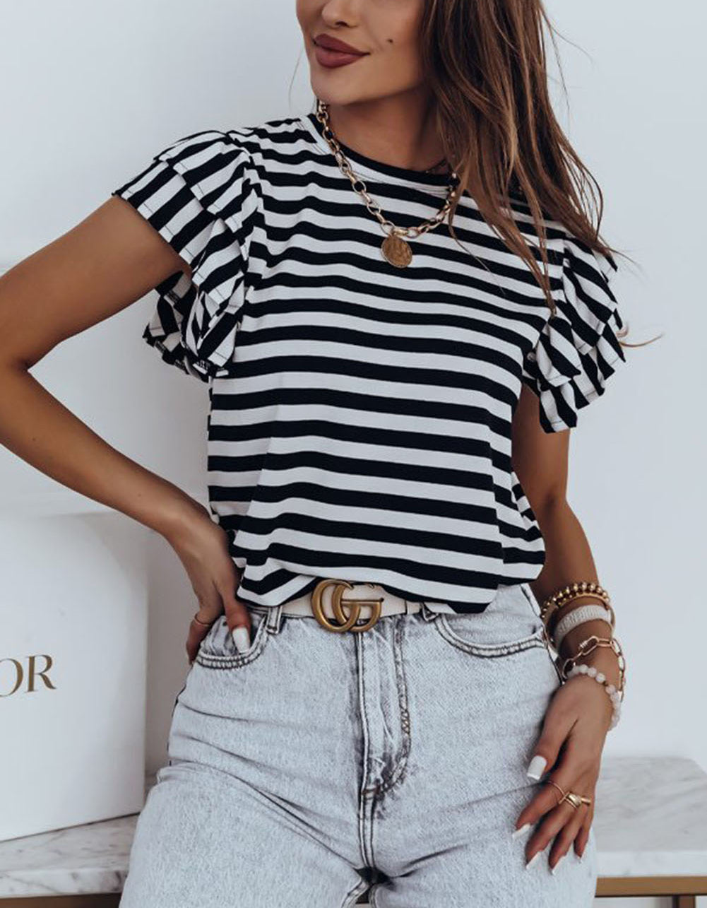 Stripe Print Tiered Ruffled Sleeve Tee