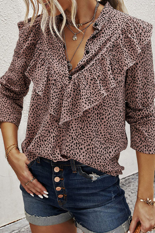 Leopard Print Long Sleeve Ruffle Loose Blouse