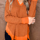 Orange Waffle Knit Patchwork V Neck Long Sleeve Top