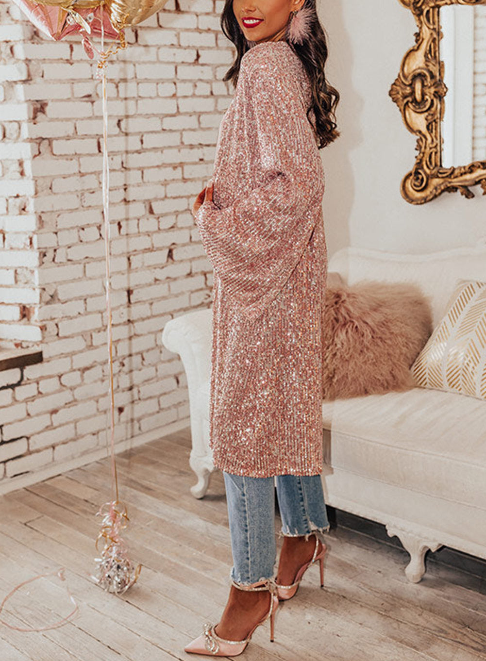 Pink Flare Sleeve Open Front Sequin Kimono