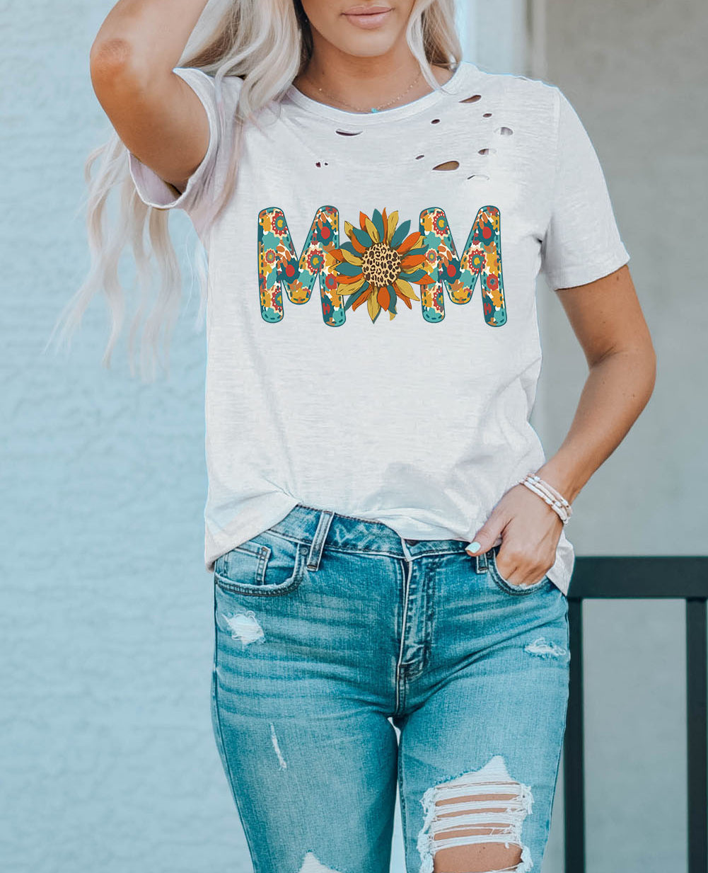 Sunflower-MoM Printed Short Sleeves Hollow Tee