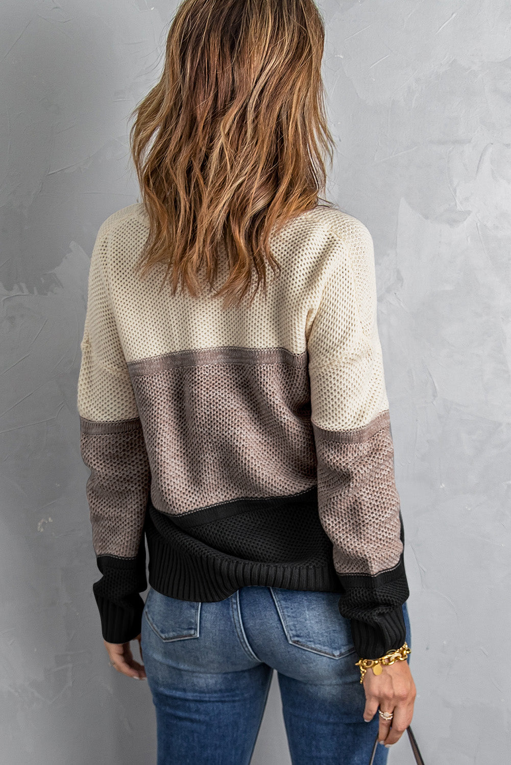 Block Netted Texture Pullover Sweater