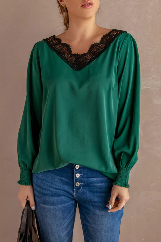 V Neck Lace Patchwork Green Blouse