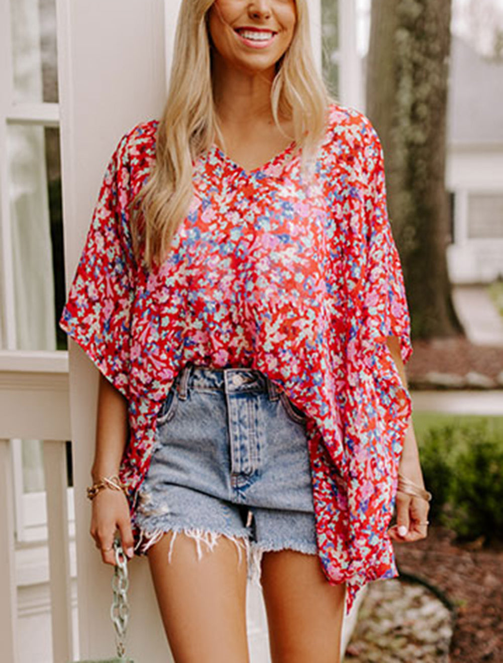 Red Abstract Floral Print Oversize Tunic Top