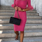 Rose Ribbed Off Shoulder Feather Cuff Bodycon Dress
