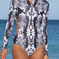 Print Zipper Cut-out Rash Guard Swimsuit