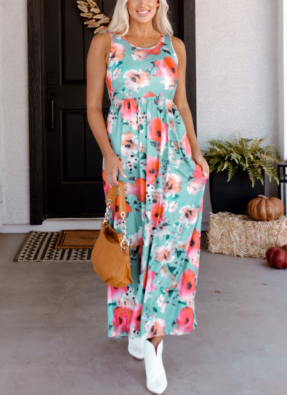 Sky Blue Boho Print Sleeveless High Waist Long Floral Dress