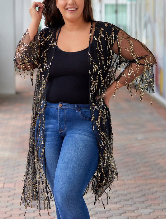 Black 3/4 Bell Sleeve Sequin Sheer Kimono