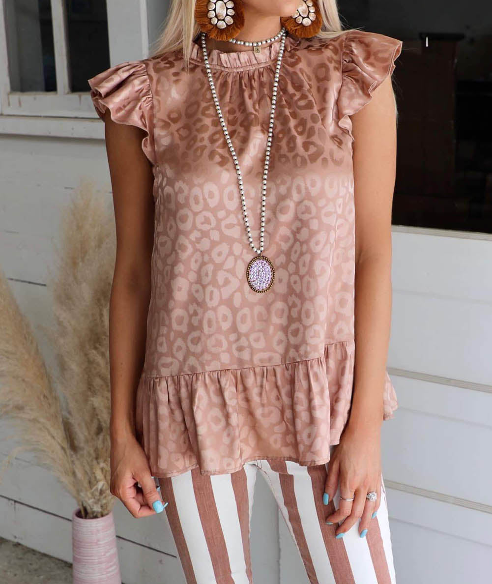 Pink Leopard Ruffled Flutter Sleeve Blouse