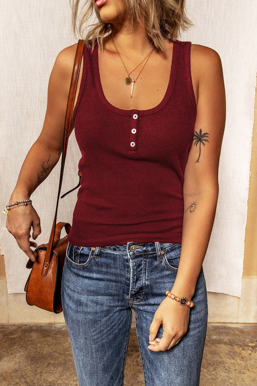 Red Buttoned Ribbed Tank