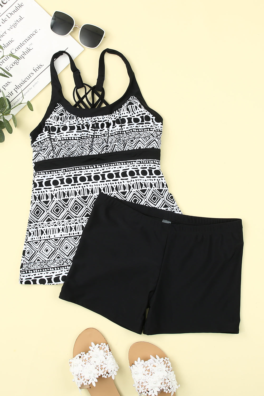 Monochrome Geometry Print Sporty Tankini Swimsuit