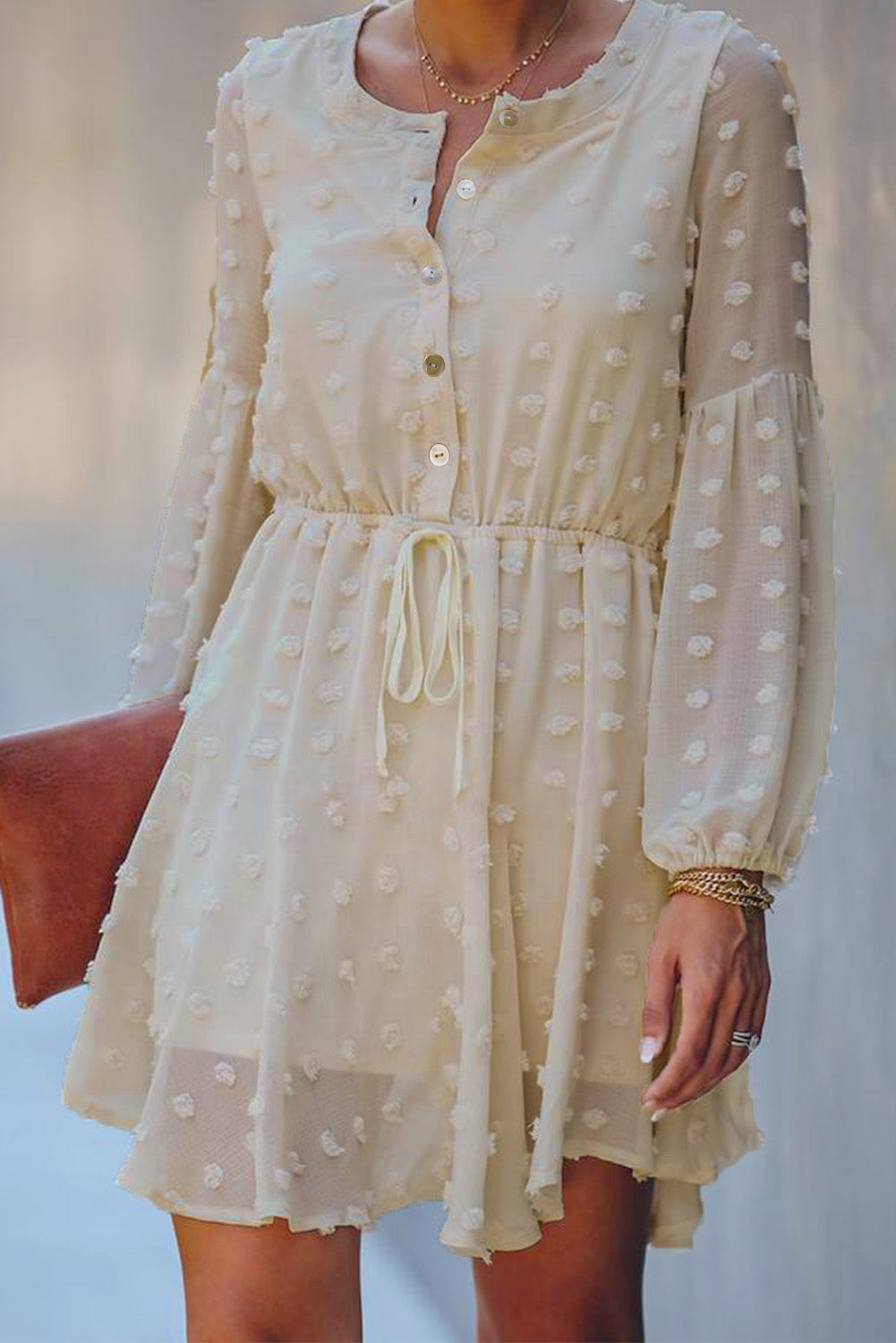 Buttoned Drawstring Long Puff Sleeve Shirt Dress