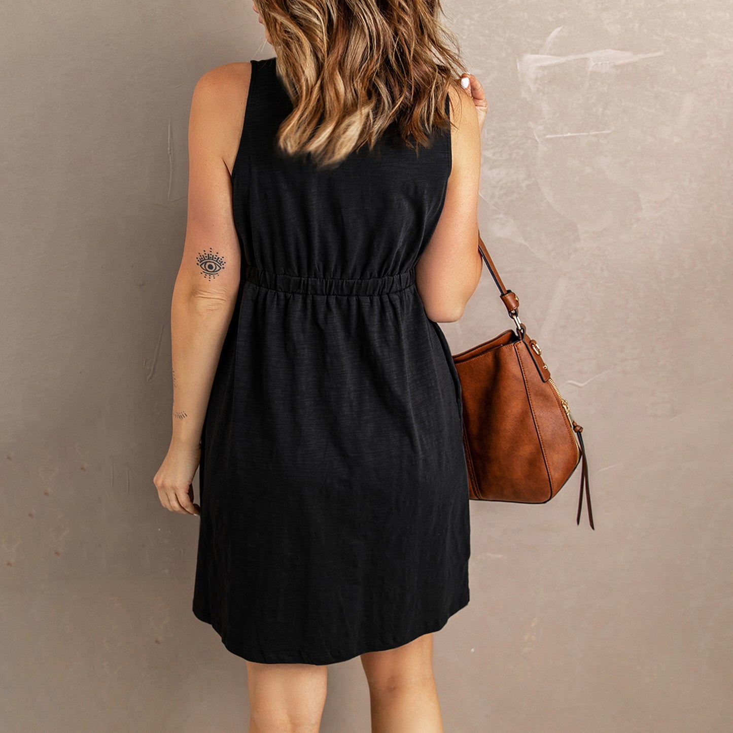 Buttons Sleeveless High Waist Mini Dress