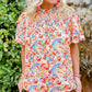 Multicolor Abstract Print Smocked Puff Sleeves Blouse