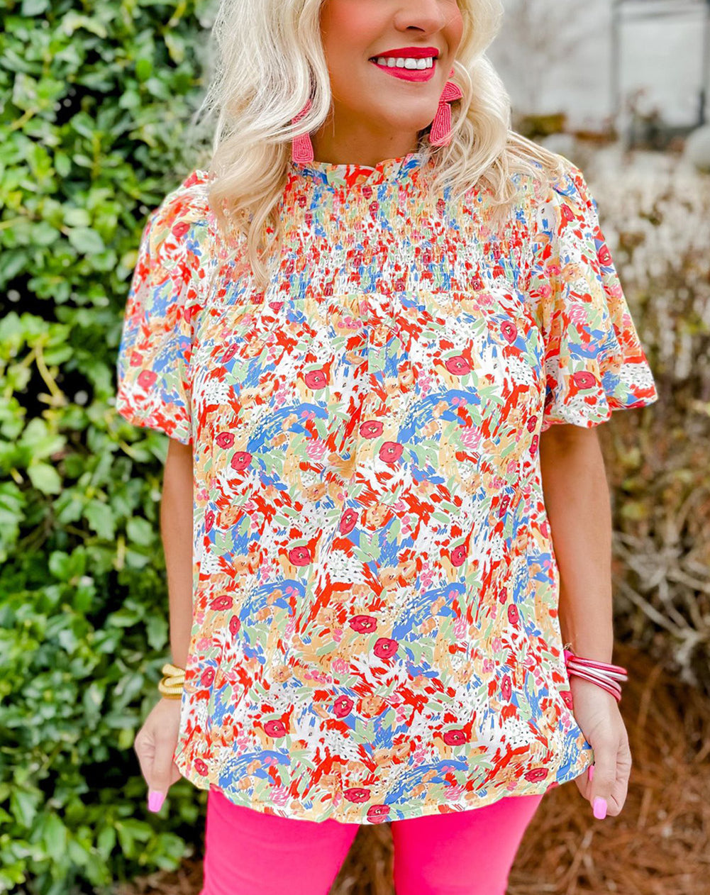 Multicolor Abstract Print Smocked Puff Sleeves Blouse
