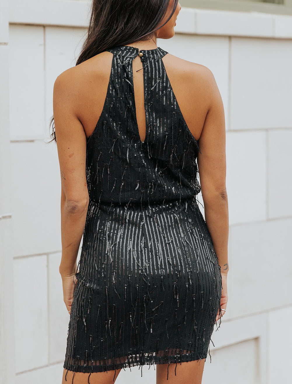 Black Sequined Fringed Mini Dress