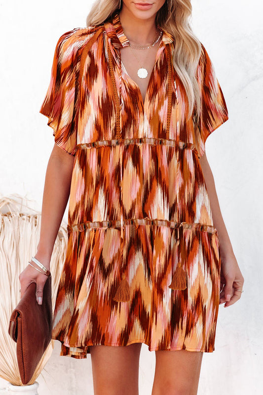 Red Pattern Print Tiered Frill V Neck Mini Dress