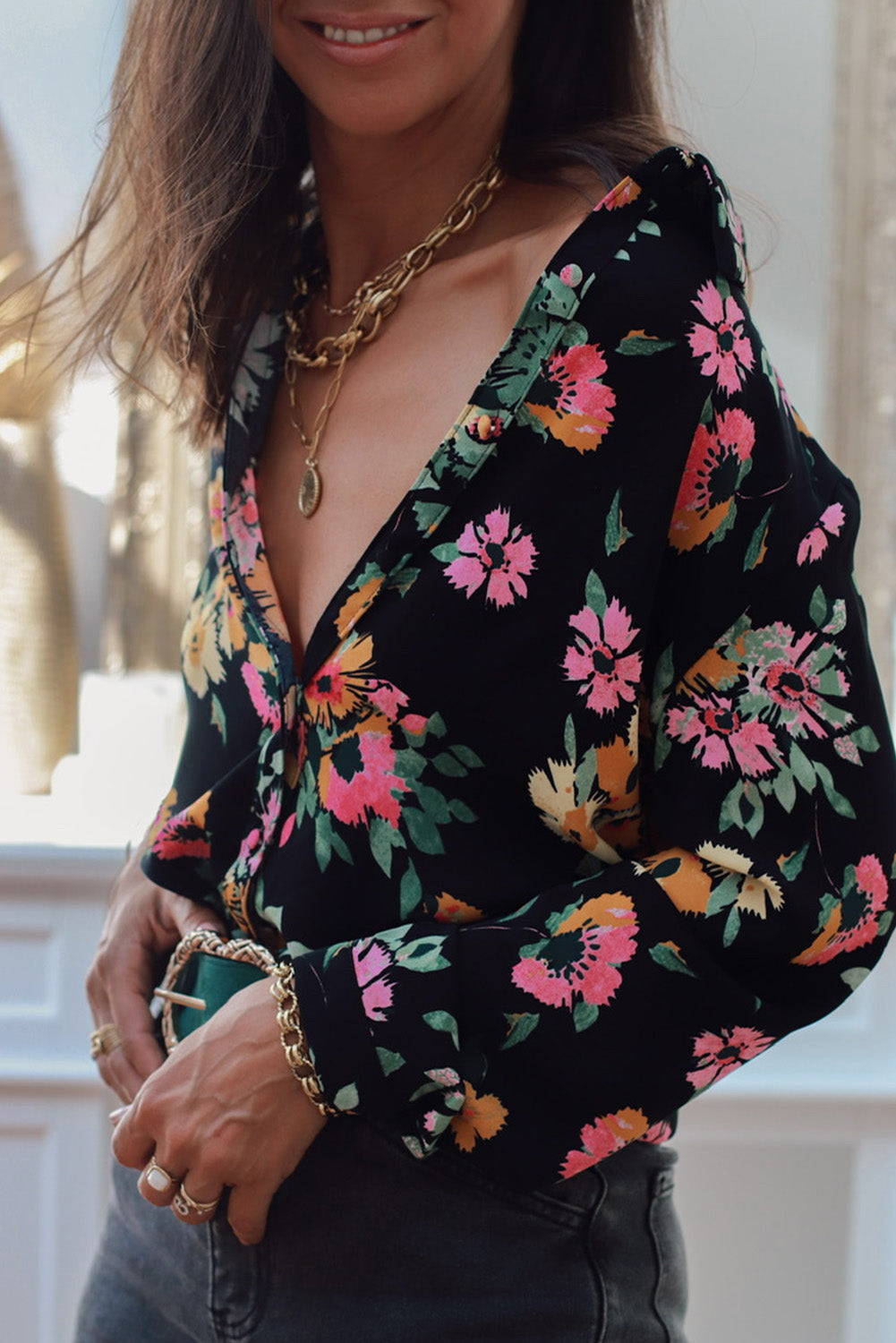 Black Floral Print Casual Long Sleeve Shirt