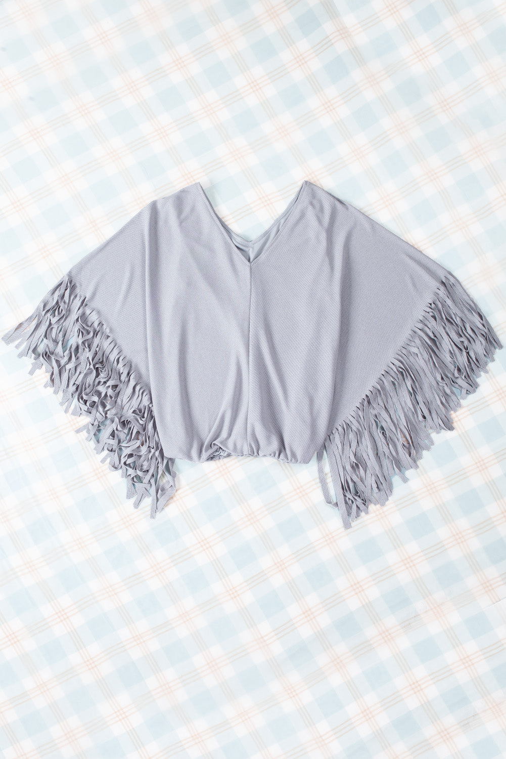Grey Fringe V Neck Top