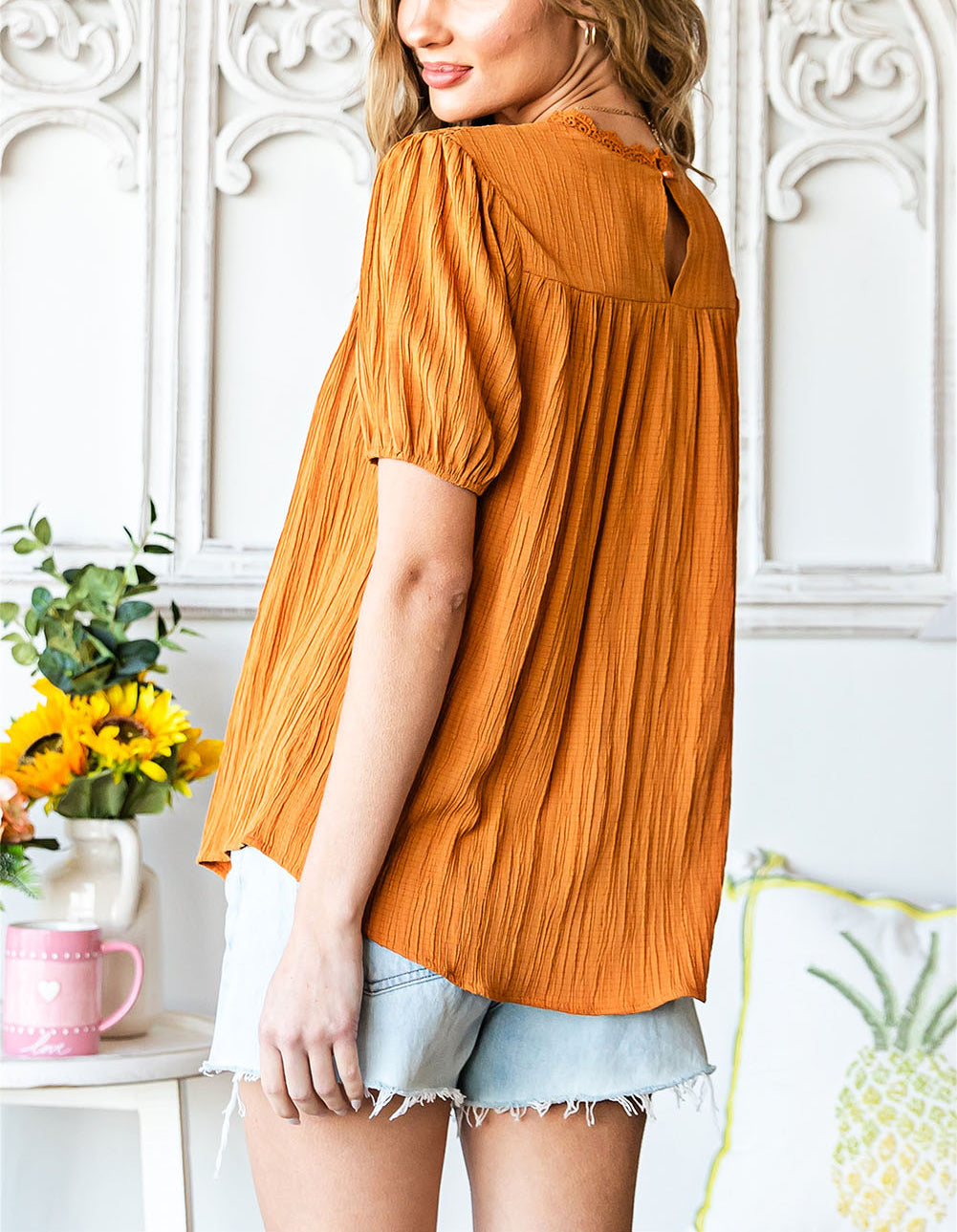 Orange Textured Crochet Keyhole Puff Sleeve Blouse