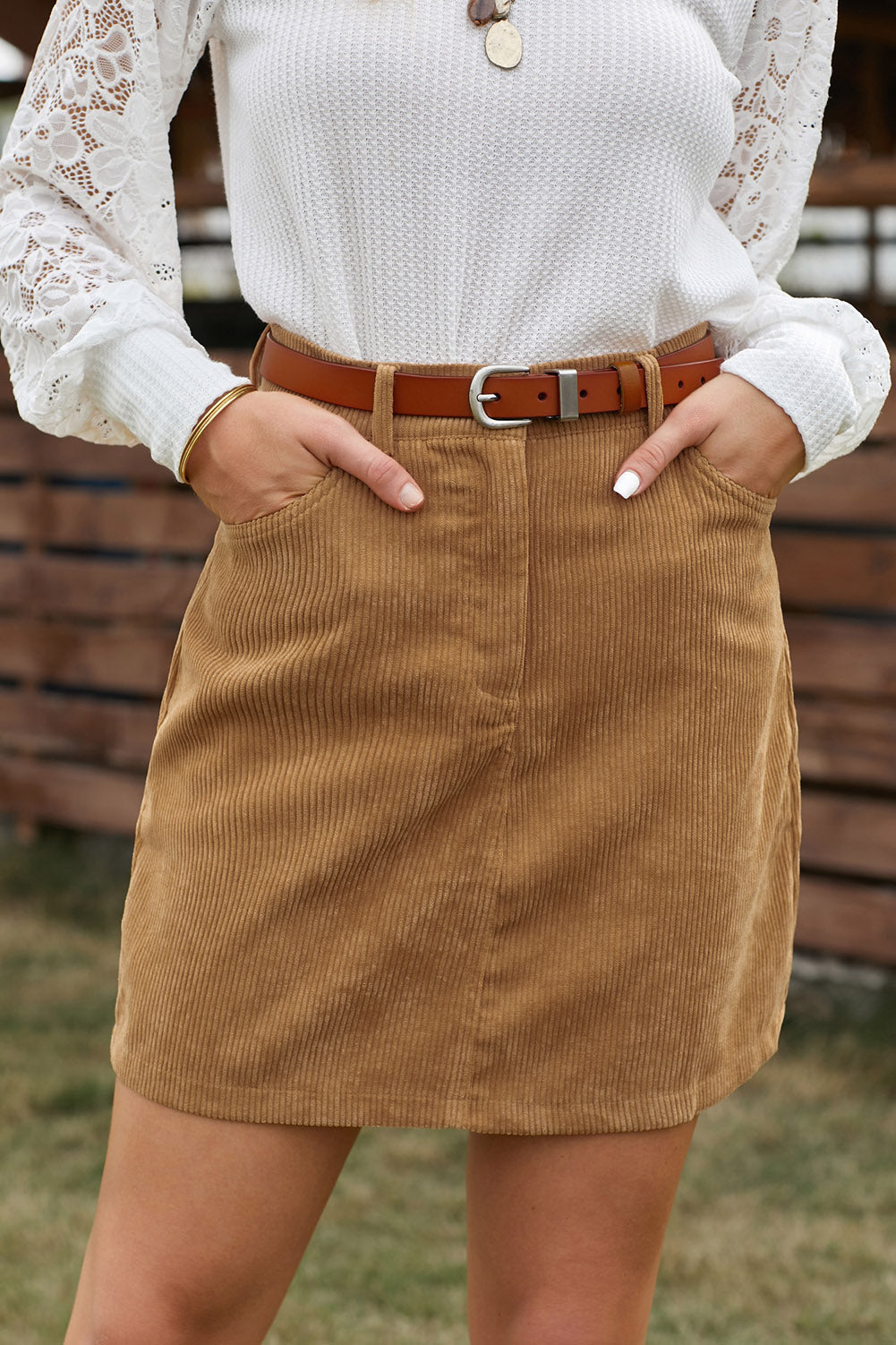 Khaki High Waist Corduroy Mini Skirt with Pockets