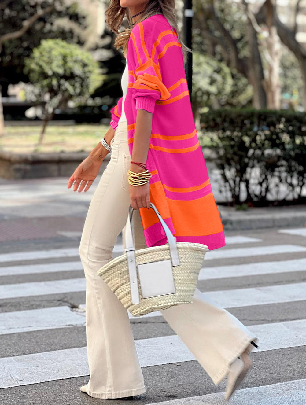 Striped Long Sleeve Ribbed Trim Button Cardigan