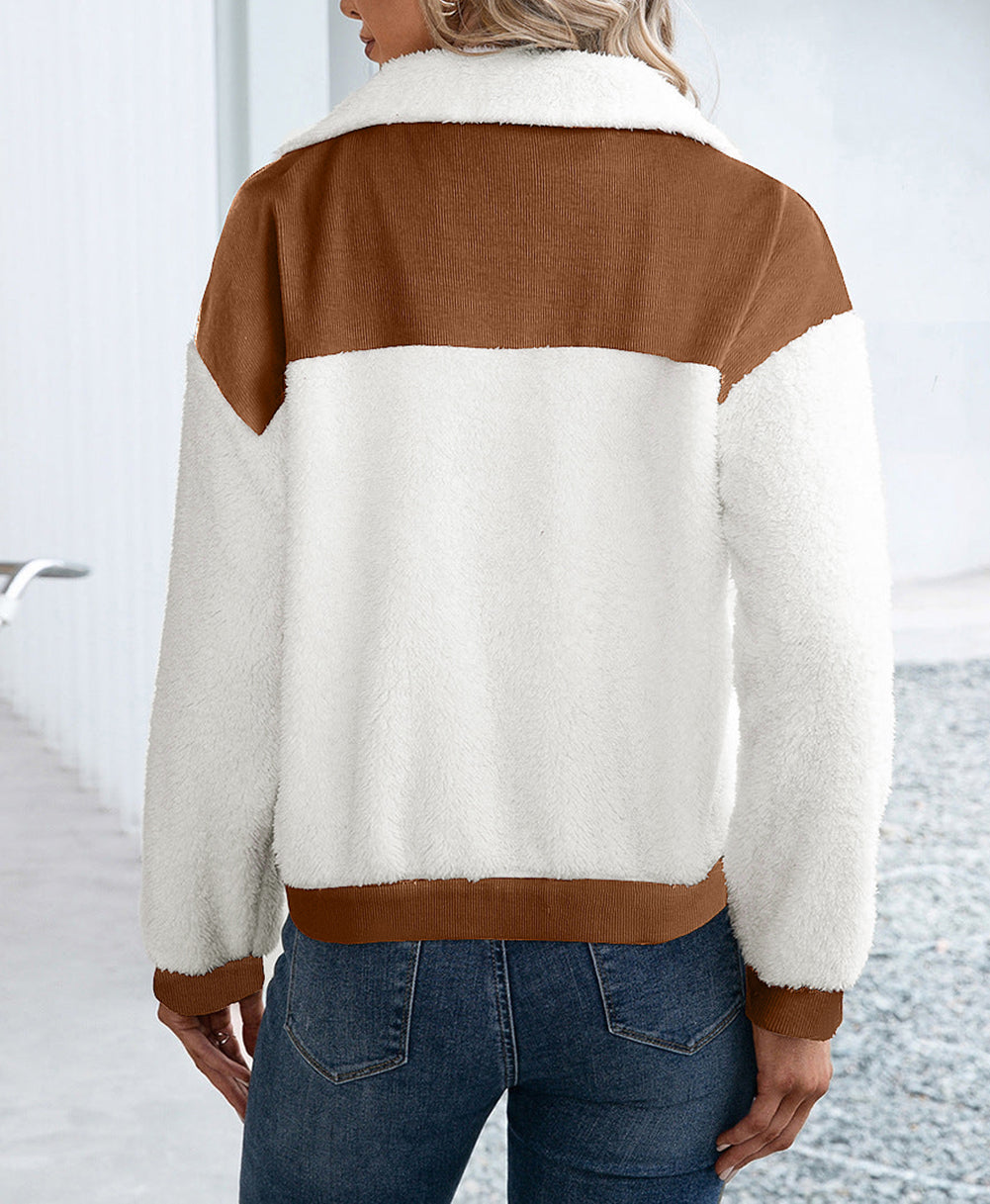 Corduroy Color Block Contrast Patchwork Fuzzy Jacket