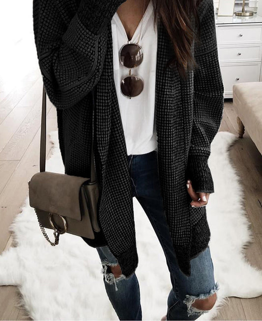 Plaid Knitted Long Open Front Cardigan