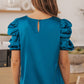 Blue Ruched Puff Short Sleeve Satin Blouse