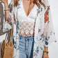 White Floral Print Open Front Bell Sleeve kimono